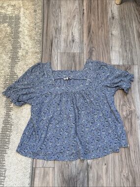 Lucky Brand Blue Floral Square-Neck Blouse